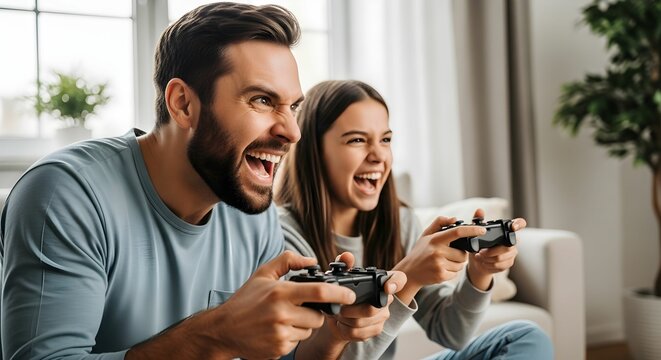 Excited father and daughter playing video games together with controllers indoors