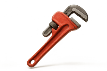 Heavy-duty red pipe wrench isolated on transparent background for plumbing work