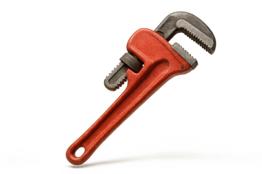 Heavy-duty red pipe wrench isolated on transparent background for plumbing work