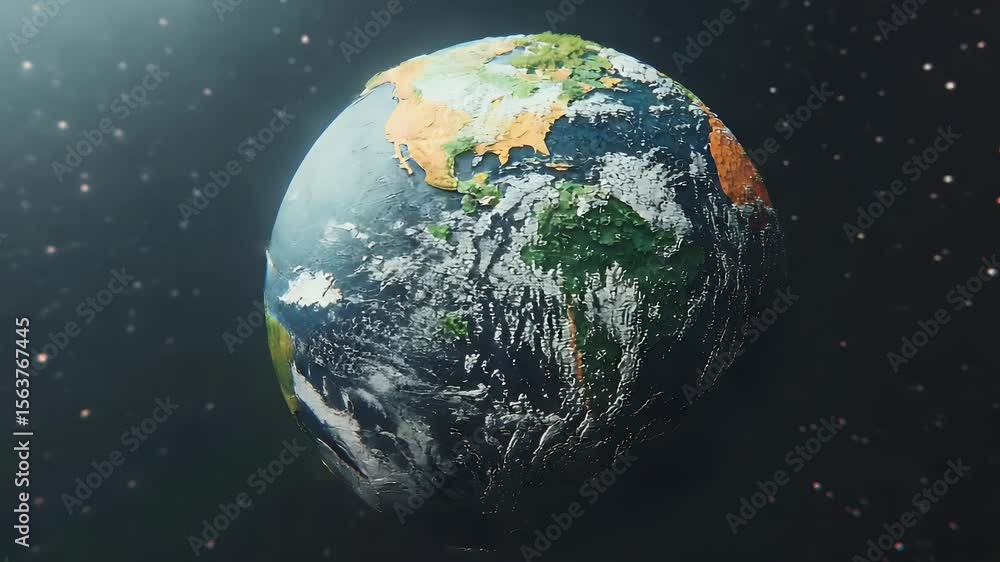 Poster pixelated globe rotating in dark space featuring continents in vibrant colors with starry background