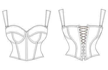 Corset top fashion flat sketch, vector female clothing design, front and back view, sexy bustier pattern, lingerie apparel drawing template