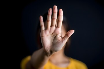 Man hand stop sign, male showing hand for stop gesture. dark tone. 
