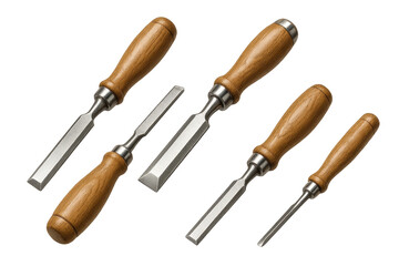 Fototapeta premium Set of five woodworking chisels with wooden handles isolated on transparent background.