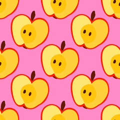 Simple bright seamless pattern with apple halves on pink background
