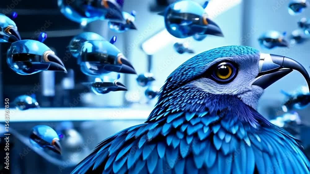 Poster futuristic blue bird surrounded by a swarm of metallic robots in a high-tech environment