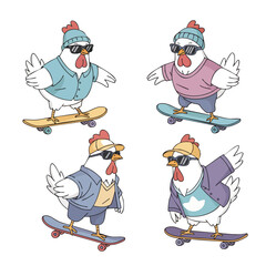 Cartoonish Detailed Chicken Skateboard Character Group Wearing Sunglasses Illustration
