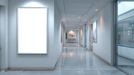 Stunning photo of mockup poster on wall in hospital corridor. Empty white A4 paper for text, ad, presentation, advertising, marketing. Medical center clinic.