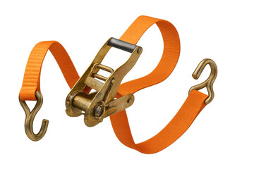 Orange ratchet strap with brass hooks isolated on transparent background