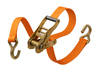 Orange ratchet strap with brass hooks isolated on transparent background