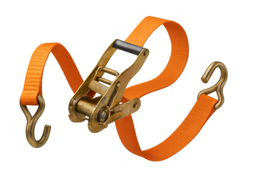 Orange ratchet strap with brass hooks isolated on transparent background
