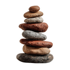 Balanced tower of stacked smooth stones achieving harmony and tranquility on white background