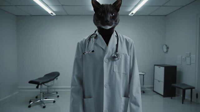 M&eacute;decin au visage de chat dans une clinique blanche