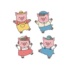 Cartoon Cute Pig Characters Group in Different Costumes and Poses Illustration
