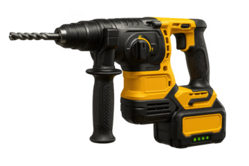 Powerful cordless hammer drill with a large bit, isolated on a transparent background
