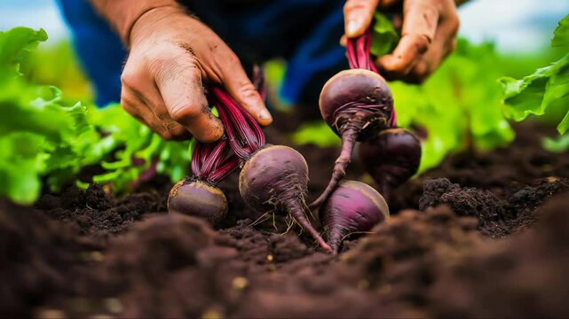 Weathered hands pulling deep red beetroots from fertile garden soil, revealing organic farming freshness