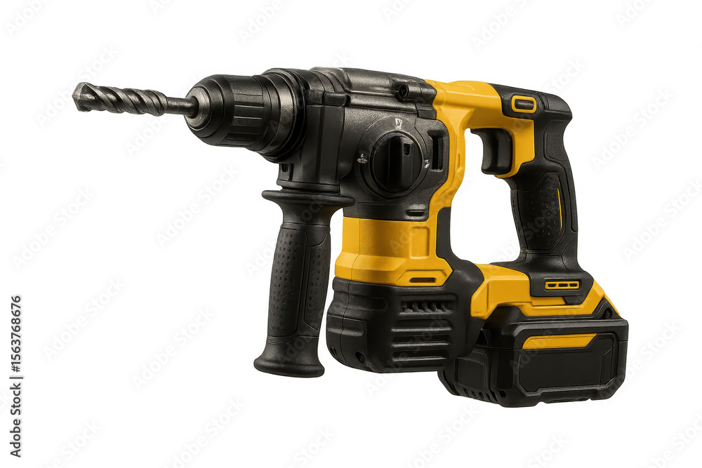 Poster powerful cordless rotary hammer drill with bit isolated on transparent background.