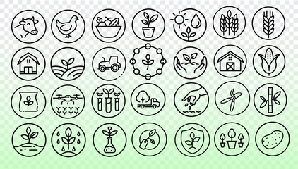Agriculture icons set. Farming agriculture cultivation harvesting design. Modern science farm food business organic ecological. Line art green background vector
