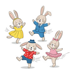 Watercolor Playful Dancing Bunny Character Set Happy Easter Cartoon Illustration