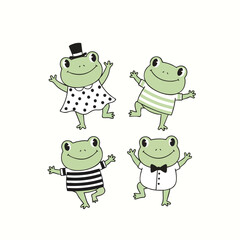 Cute Handdrawn Funny Frog Character Cartoon Illustration in Various Outfits
