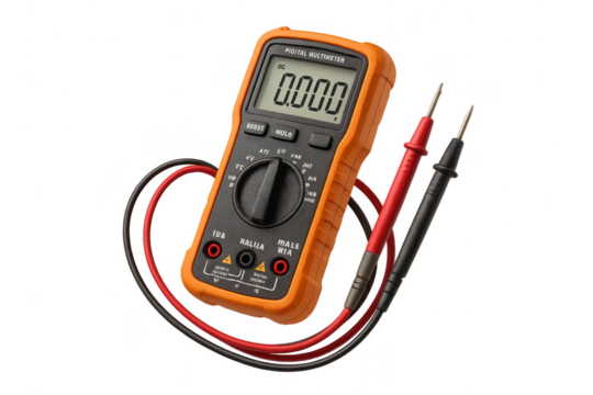 Orange digital multimeter isolated on transparent background with red and black probes