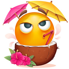Summer emoji with coconut cocktail and tropical flowers on white background. Cheerful summer emoticon with cocktail straw and umbrella. Positive vibes, good mood, vacation, travel, holiday concept