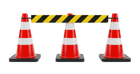 Road Safety Barrier with Orange and White Cones and Black and Yellow Warning Sign png isolated on...