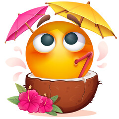 Summer emoji with coconut cocktail and tropical flowers on white background. Cheerful summer emoticon with cocktail straw and umbrella. Positive vibes, good mood, vacation, travel, holiday concept