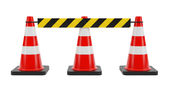 Road Safety Barrier with Orange and White Cones and Black and Yellow Warning Sign png isolated on transparent background