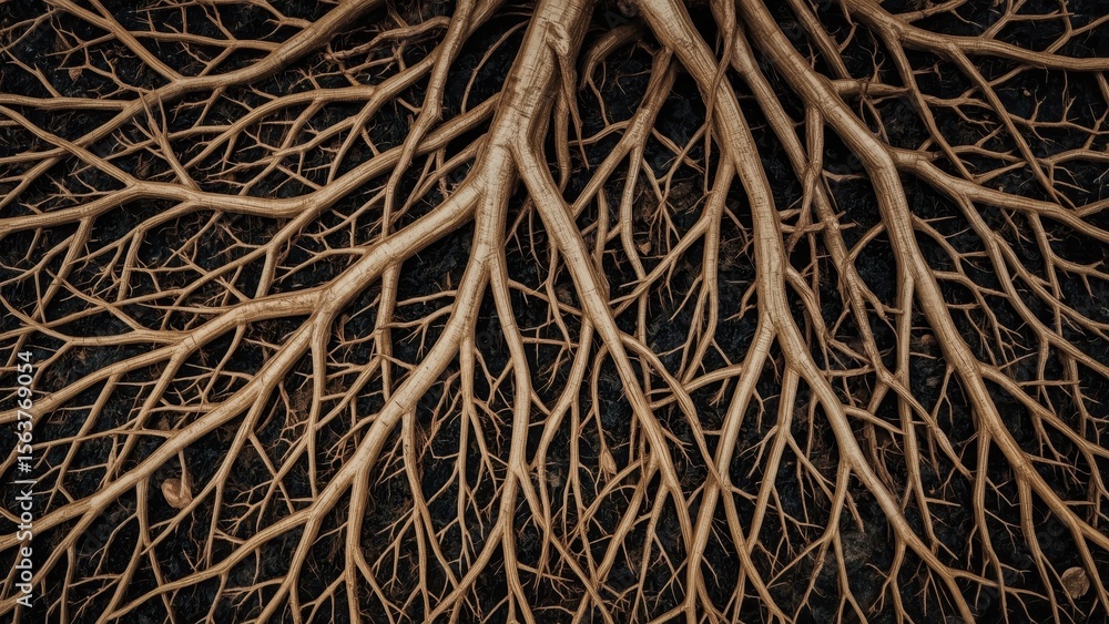 Aufkleber top view of intricate tree roots pattern on dark soil background