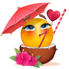 Female summer emoji with coconut cocktail and tropical flowers on white background. Cheerful emoticon with happy smiling face shows joy. Positive vibes, good mood, vacation, travel, holiday concept