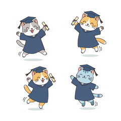 Cartoon Cheerful Graduation Kitten Set Celebration Achievement Mascot Graphic Element