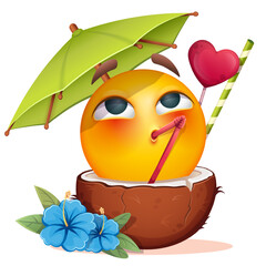 Summer emoji with coconut cocktail and tropical flowers on white background. Cheerful summer emoticon with happy smiling face shows relax. Positive vibes, good mood, vacation, travel, holiday concept