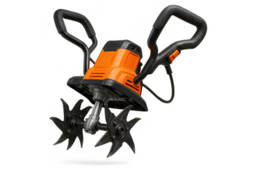 Electric garden tiller with orange housing, isolated on transparent background