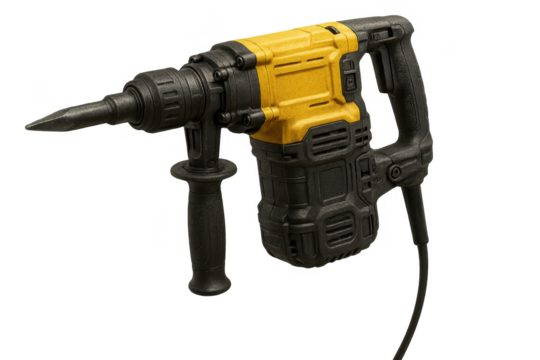 A yellow and black rotary hammer drill isolated on transparent background
