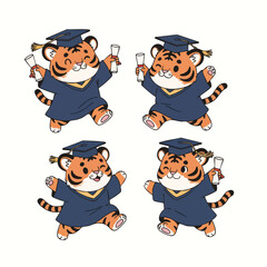 Cute Cartoon Celebrating Tiger Graduation Ceremony With Scroll Animal Character