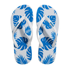 Tropical Leaf Pattern White Blue Flip Flops for Summer Beach Vacations png isolated on transparent background