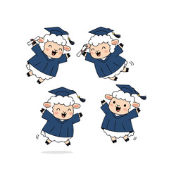 Cartoon Flat Cute Sheep Graduation Jumping Wearing Gown and Cap Illustration