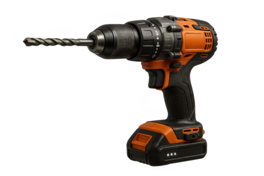 Cordless drill with drill bit isolated on transparent background, power tool