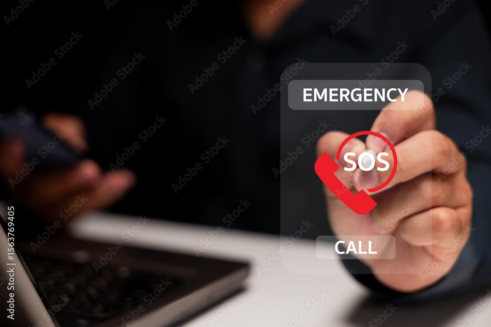 Poster a person interacts with a digital interface displaying an sos emergency call icon, symbolizing urgen