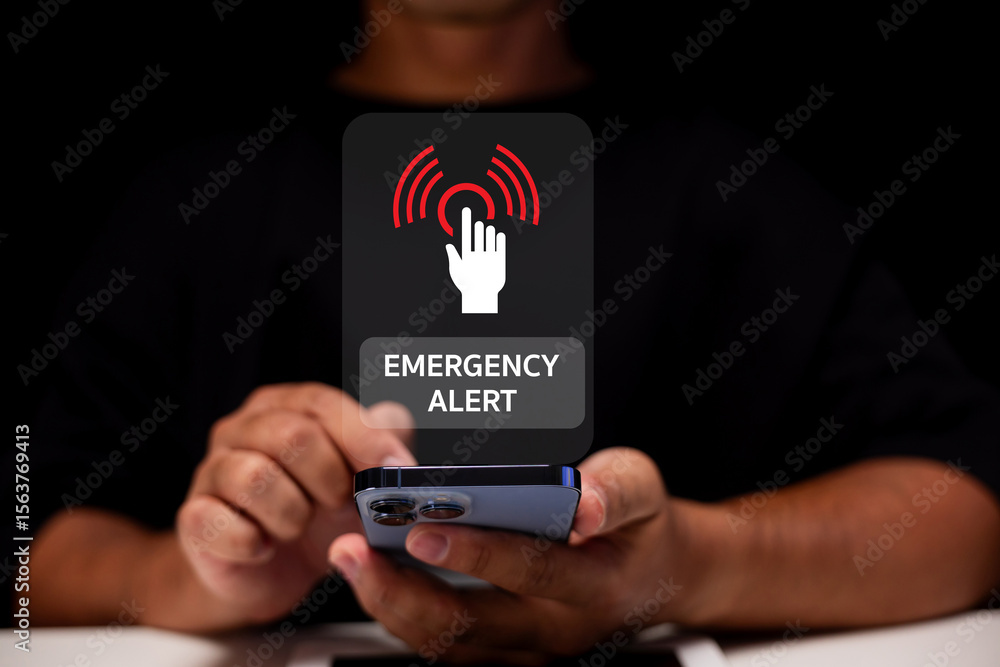 Poster a person holding a smartphone with a digital emergency alert notification icon hovering above the de