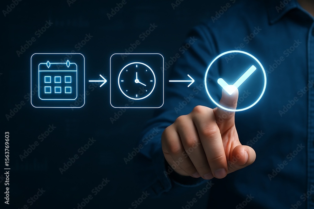 Poster man s finger touching a glowing checkmark icon after calendar and clock symbols