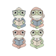 Cute Handdrawn Reading Frog Character Illustration Set in Pastel Colors