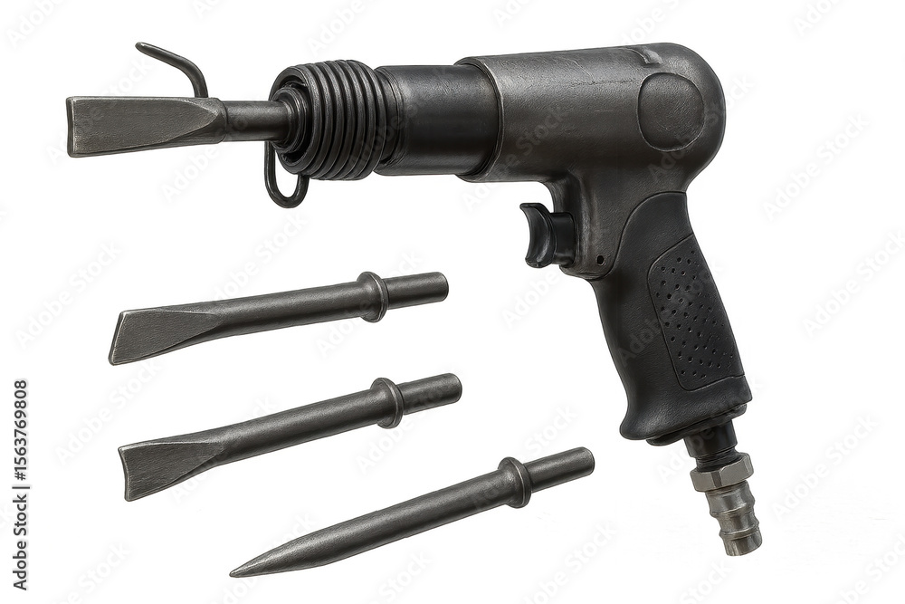 Poster pneumatic air hammer with various chisel bits isolated on transparent background