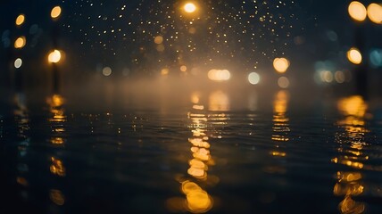 Naklejka premium Dreamy Golden Bokeh Lights Floating in Midnight Fog