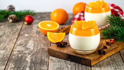 Creamy dessert topped with orange slices, surrounded by festive decorations and fruits