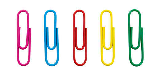 Five colorful paper clips pink blue red yellow and green png isolated on transparent background