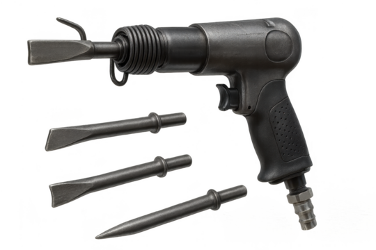 Pneumatic air hammer with various chisel bits isolated on transparent background
