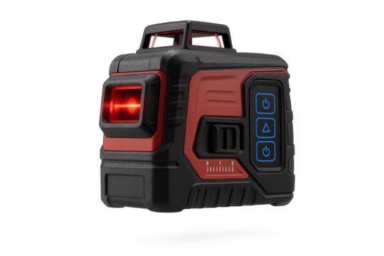 Professional red and black laser level isolated on transparent background, precise