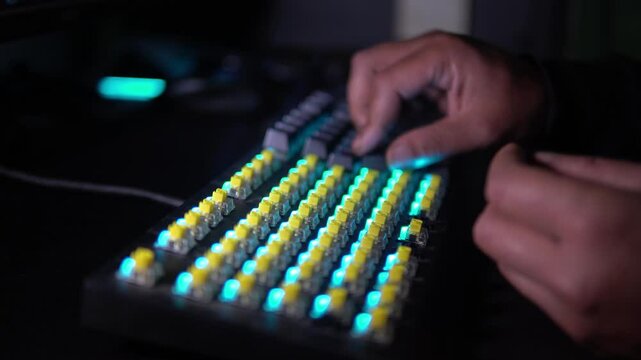 Close-up of hands installing keycaps on an RGB mechanical keyboard. Yellow switches and blue backlight create a modern tech aesthetic. Perfect for tech builds or gaming content.