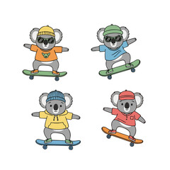 Whimsical Handdrawn Cute Koala Riding Skateboard Cartoon Character Illustration